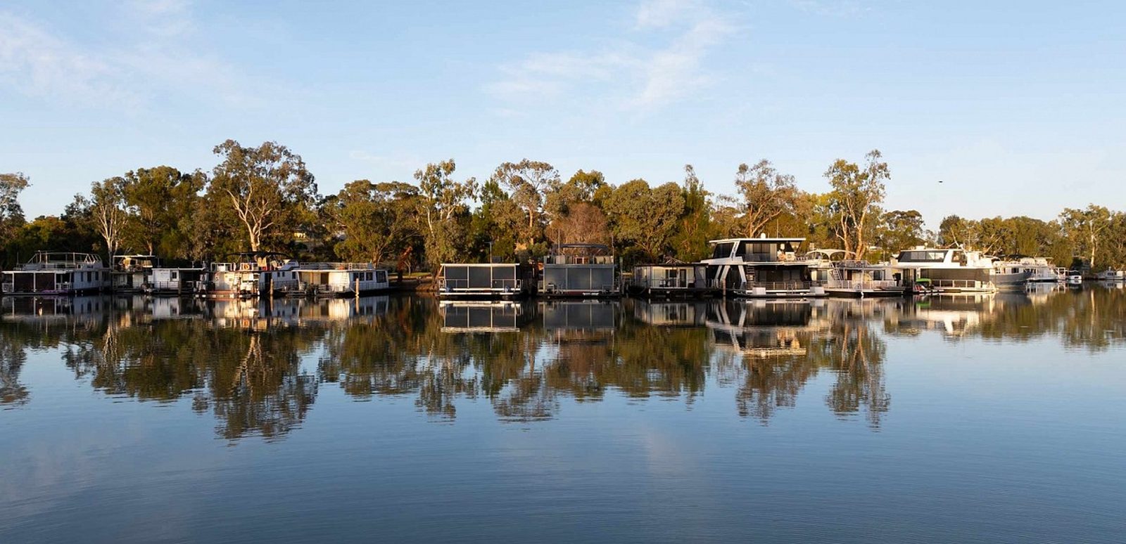 Houseboats moored along the gum-lined bank of the Murray River in the early morning
