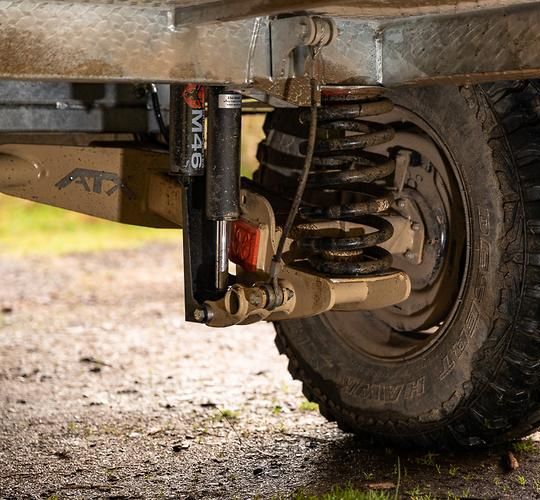Independent coil suspension and shock absorber on an off-road caravan